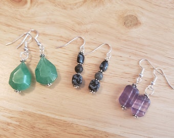 One Pair of Handmade Semiprecious Gemstone Earrings, silver plated dangle earrings - green aventurine, snowflake obsidian, or fluorite