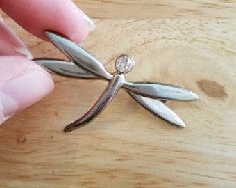 Vintage Dragonfly Brooch, rhinestone dragonfly pin, clear rhinestone in silver tone metal, rhinestone brooch, silver dragonfly