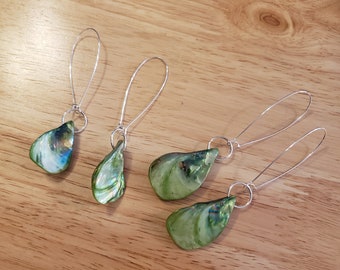 One Pair of Handmade Green Shell Teardrop Earrings, silver plated earrings, 3.25 or 3.5 inch dangle earrings, statement earrings