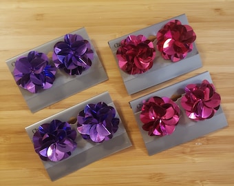 Vintage Charmante Earrings, purple or dark pink sequin earrings, dead stock vintage earrings on original card