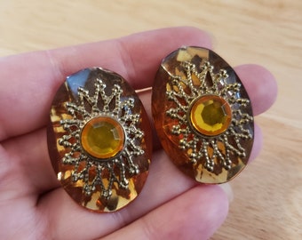 Vintage Amber Rhinestone Earrings, pierced earrings, statement earrings, vintage earrings, rhinestone earrings