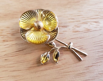 Vintage Enamel Flower Brooch Pin, gold tone flower with yellow enamel petals, vintage brooch