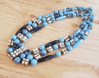 Vintage Blue Beaded Necklace - 19 inch necklace made in Germany, triple strand necklace, beaded vintage necklace