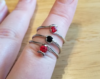 Three Vintage Red and Black Rhinestone Rings, size 7.25 - 8 rings, vintage rhinestone ring lot