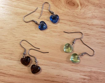 One Pair of Handmade Glass Heart Earrings - purple, light green, or blue hearts on stainless steel hooks