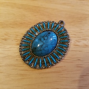 Vintage Faux Turquoise Pendant, Antiqued Silver Tone Oval Pendant, sunburst pendant, vintage pendant