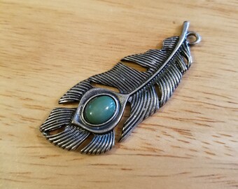 Vintage Faux Jade Feather Pendant, antiqued silver tone pendant, vintage pendant