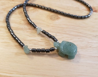 Vintage Hematite Necklace with Green Stone Turtle Pendant  17 inch necklace, vintage necklace