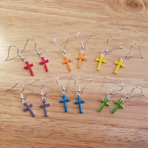 One Pair of Handmade Enamel Cross Earrings - silver plated brass crosses with colorful enamel on silver plated hooks