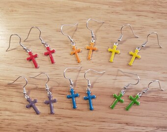 One Pair of Handmade Enamel Cross Earrings - silver plated brass crosses with colorful enamel on silver plated hooks