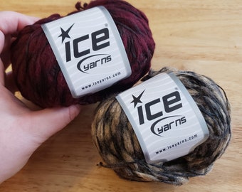Wool Drops Yarn by Ice Yarns, three skeins of wool blend yarn, color 59046 Burgundy or color 59047 Camel Beige
