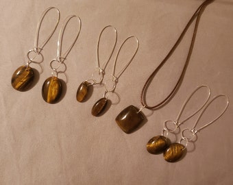 Handmade Tiger Eye Necklace or Earrings, 20 inch pendant necklace, silver plated dangle earrings, handmade gemstone jewelry