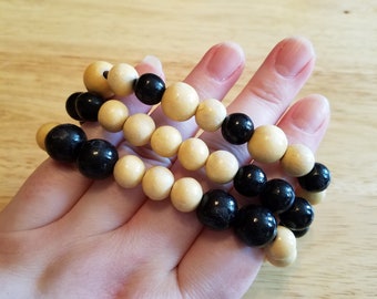 Vintage Black and Natural Wood Beaded Stretch Bracelet, triple bracelet, statement bracelet, vintage bracelet