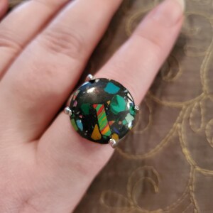 Vintage Black Multicolor Ring, size 10.25 ring, silver tone vintage ring, statement ring, unisex ring