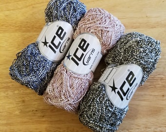 Peperoncino Yarn by Ice Yarns, three skeins of cotton blend yarn, color 56158 Cream Blue, 56159 Cream Rose Brown, 56157 Cream Black, or mix