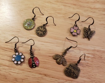 One Pair of Asymmetrical Earrings, mismatch earrings, handmade earrings - butterfly, honeybee, ladybug, or grow