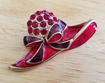 Vintage Red Hat Brooch Pin, red enamel and red rhinestones, vintage brooch, enamel brooch, rhinestone brooch