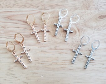 Handmade Rhinestone Cross Earrings, gold tone or silver tone earrings, dangle earrings, handmade earrings, gold cross silver cross