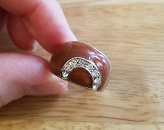 Vintage Brown Enamel and Rhinestone Ring, size 8.25 dome ring, silver tone ring, vintage ring