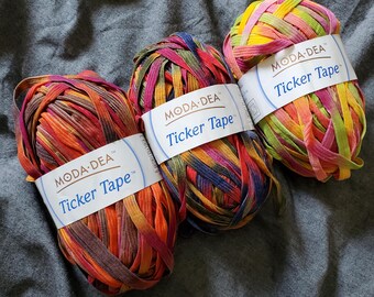 Three Skeins of Ticker Tape Yarn by Moda Dea - Sunset, Charade, and Tropical colorways, novelty yarn, variegated yarn, nylon yarn
