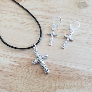 Handmade Silver Cross Necklace and Earring Set, 20 inch pendant necklace with dangle earrings, handmade jewelry set
