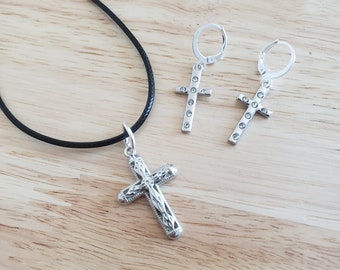 Handmade Silver Cross Necklace and Earring Set, 20 inch pendant necklace with dangle earrings, handmade jewelry set