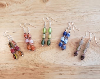 One Pair of Handmade Glass Chevron Earrings, silver plated earrings, beaded earrings - red, orange, green, blue, or brown