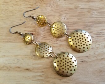 Handmade Gold Tone Disk Earrings, handmade earrings, long dangle earrings, surgical steel hooks