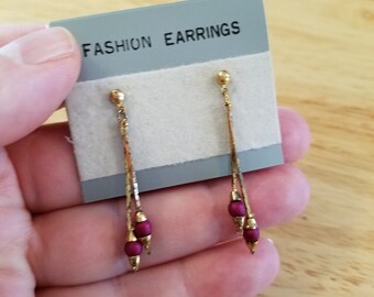 Vintage Dangle Earrings, pierced earrings, gold chains and dark red beads, vintage earrings on original card