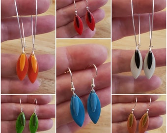 One Pair of Handmade Enamel Drop Earrings - silver plated brass leaves with colorful enamel on silver plated hooks