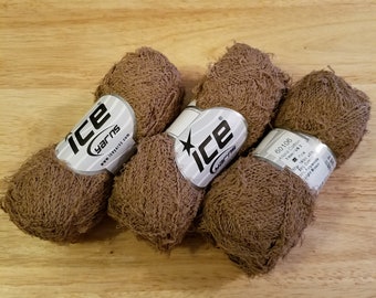 Alloro Cotton Yarn by Ice Yarns, three skeins of novelty yarn, color 60106 light brown cotton blend eyelash yarn