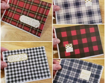 Five Handmade Thank You cards, plaid cards, greeting cards, blank cards, gold foil thank you notes