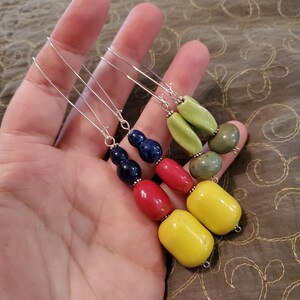One Pair of Handmade Porcelain Dangle Earrings, primary colors or shades of green, silver plated earrings, statement earrings