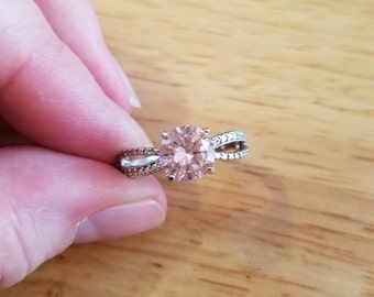 Vintage Faux Pink Diamond Ring, size 8.25 silver tone ring with rhinestones, pink rhinestone ring, cocktail ring