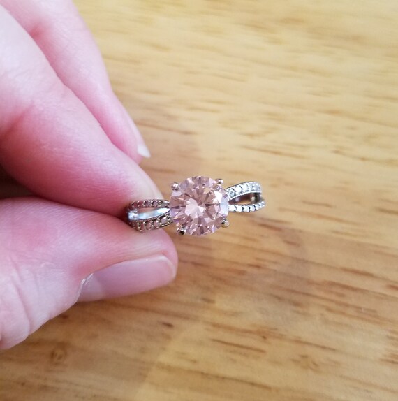 Vintage Faux Pink Diamond Ring Size 8.25 Silver Tone Ring With
