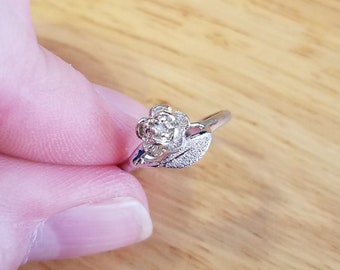 Vintage Rose Ring, size 5.5 faux diamond flower ring, silver tone vintage ring