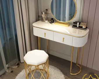 Contemporary White Oval Makeup Vanity with Nesting Stool and Rotating Mirror