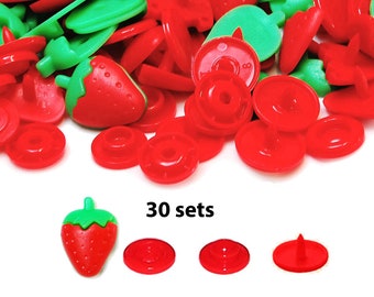 30 Strawberry KAM Snaps for Baby Clothes, Bibs, Engraved KAM Snaps, Decorative Snaps, Plastic Snap Button Fasteners  for Kids