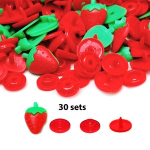 30 Strawberry KAM Snaps for Baby Clothes, Bibs, Engraved KAM Snaps, Decorative Snaps, Plastic Snap Button Fasteners  for Kids