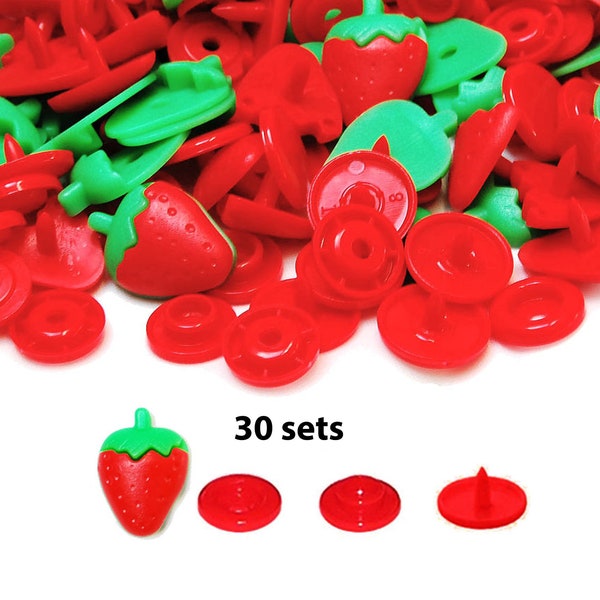 30 Strawberry KAM Snaps for Baby Clothes, Bibs, Engraved KAM Snaps, Decorative Snaps, Plastic Snap Button Fasteners  for Kids