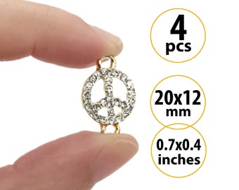 4 Small Gold Plated Peace Charm Connectors for Bracelets, Sparkly Peace Sign Rhinestone Connector Charms, Round Pave Links for Necklaces