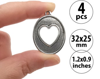 4 Cut Out Silver Heart Charms, Oval Medallion Pendants, Antique Silver Necklace Charms for Jewelry, Cutout Heart Pendants