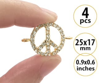 4 Gold Plated Peace Charm Connectors for Bracelets, Sparkly Peace Sign Rhinestone Connector Charms, Round Cutout Pave Links for Necklaces