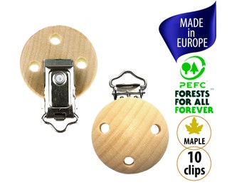 10 Natural Wooden Pacifier Clips, European Made Sustainable Wood Pacifier Clips Bulk, Maple Wooden Dummy Clip DIY, Soother Paci Clips