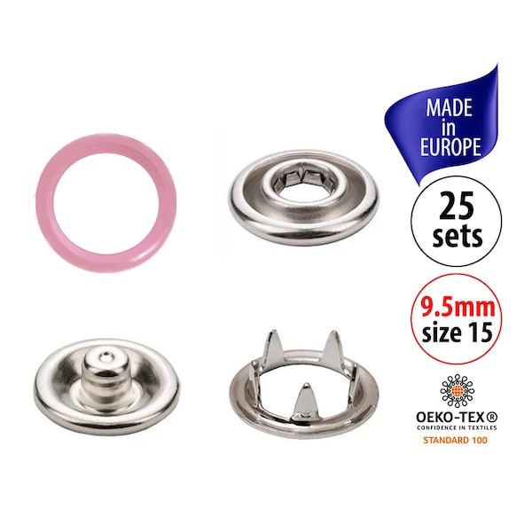 Pink Metal Snaps for Clothing, 9.5mm Baby Clothes Snaps Size 15, Metal Snap Buttons, Gripper Open Ring Prong Snap Fasteners, No Sew Poppers