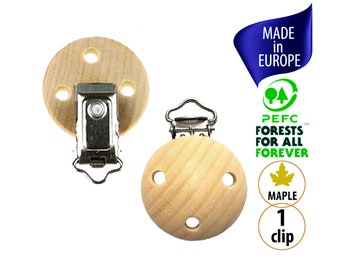 1 European Made Natural Wooden Pacifier Clip, Untreated Sustainable Maple Wood Pacifier Clip, Wooden Dummy Clip, Round Soother Paci Clip