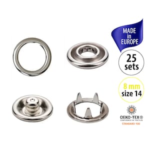 25個の小さな金属製スナップボタン 8 mm、ミニチュアシルバーオープンリングプロングスナップファスナー、ベビー服、人形、グリッパー、衣類ファスナー用
