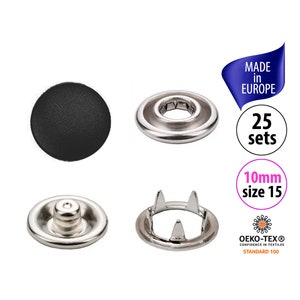 25 Sets Matte Black Snap Buttons Size 15, Metal Snaps for Clothing, 9.5mm Prong Cap Snap Fasteners, No Sew Gripper Snaps, Baby Clothes Snaps image 1