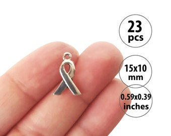 23 Small Awareness Ribbon Charms, Antique Silver Awareness Charms Bulk, Cancer Surviver Metal Charms, Hope Charm Pendant for Bracelets