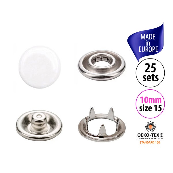 25 White Snap Buttons, Metal Snap Fasteners, Prong Cap Snaps, Size 15 No Sew Gripper Snaps
